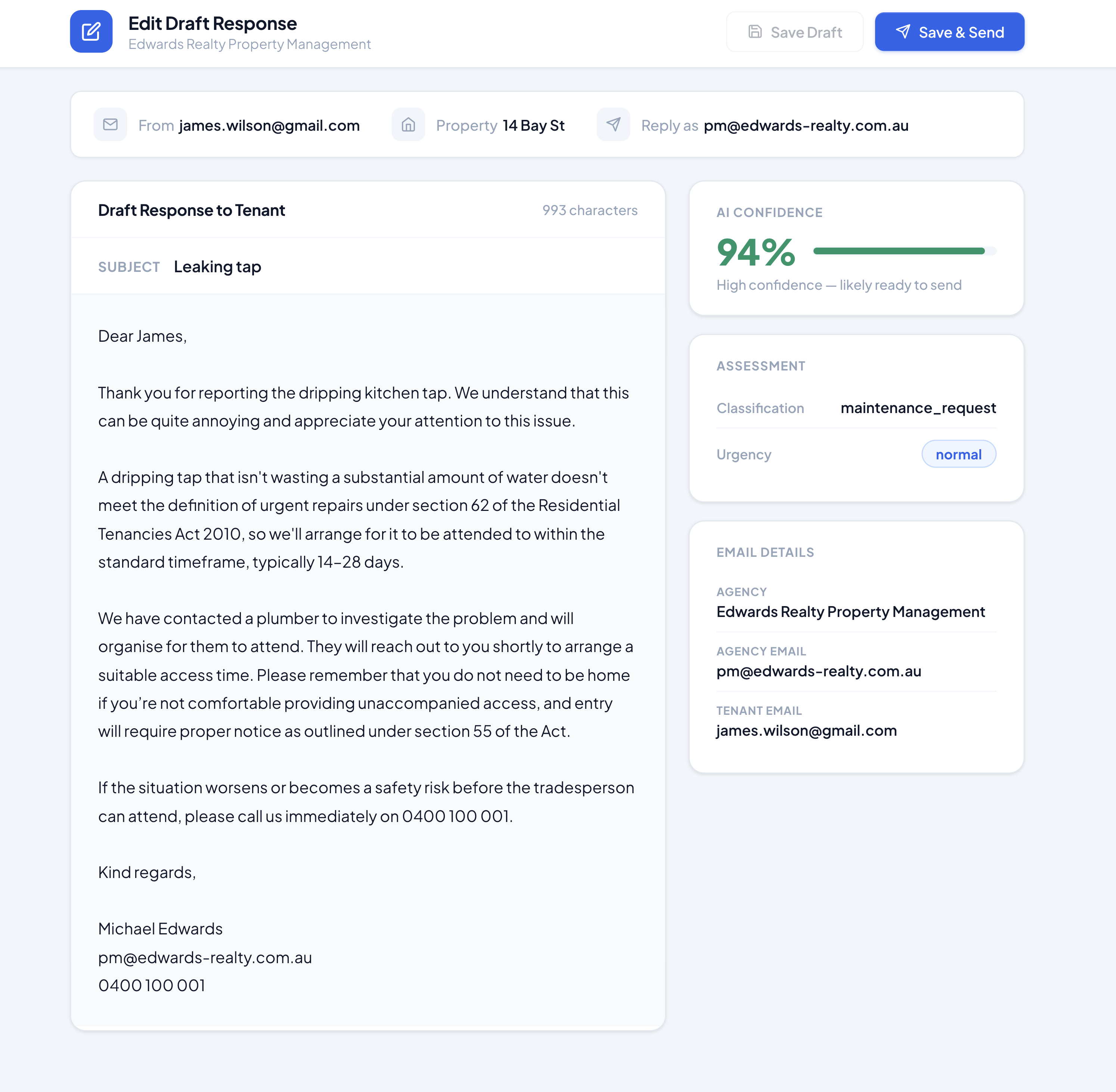Simplify AI drafting a compliant email reply for a property manager