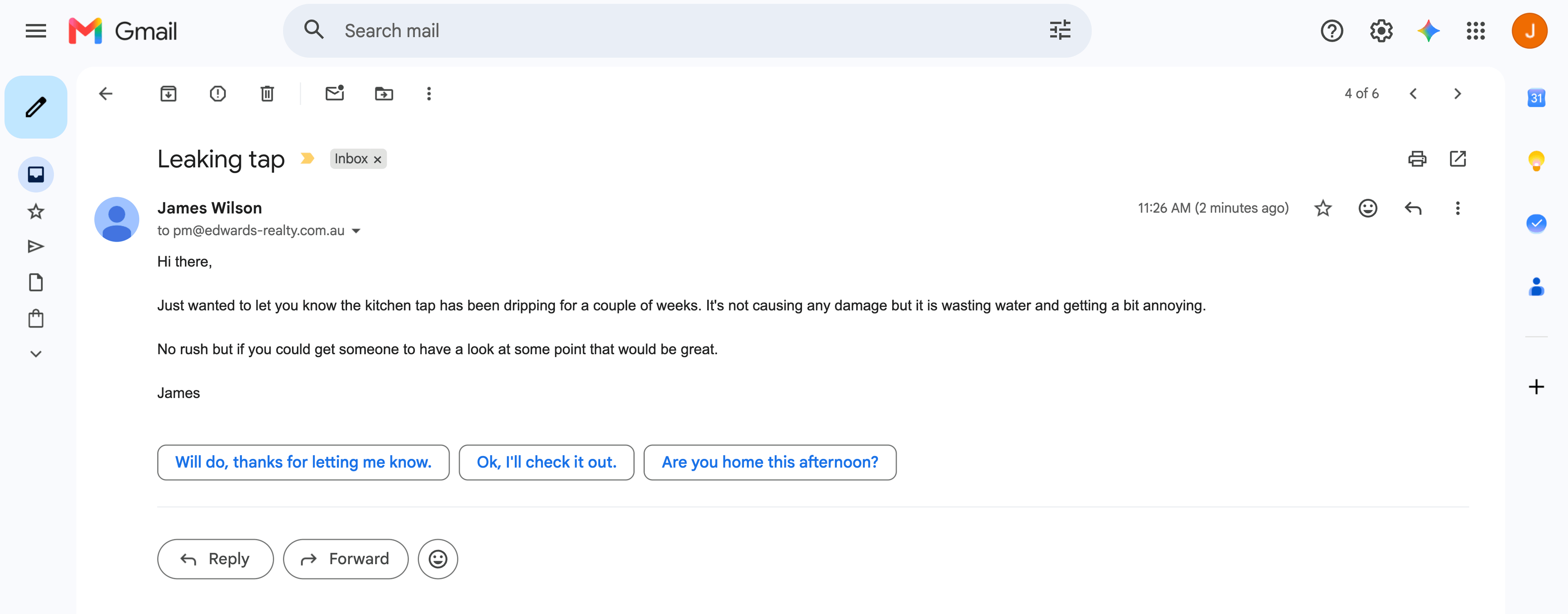 A tenant's maintenance email arriving in a Gmail inbox